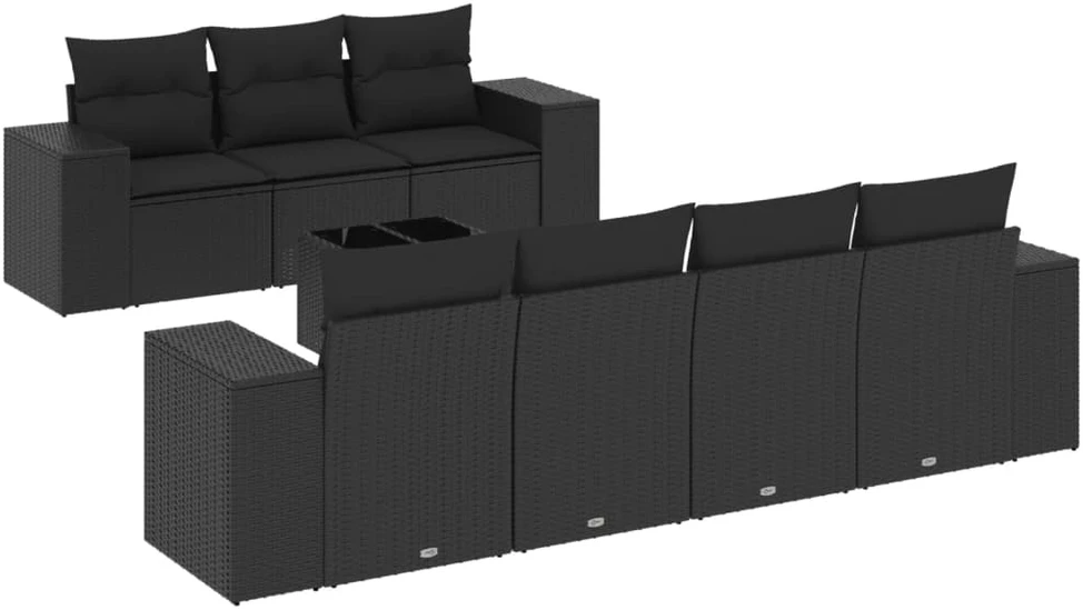 Sofa Sofos komplektas su pagalvėlėmis, 8 dalių, juodas, poliratanas