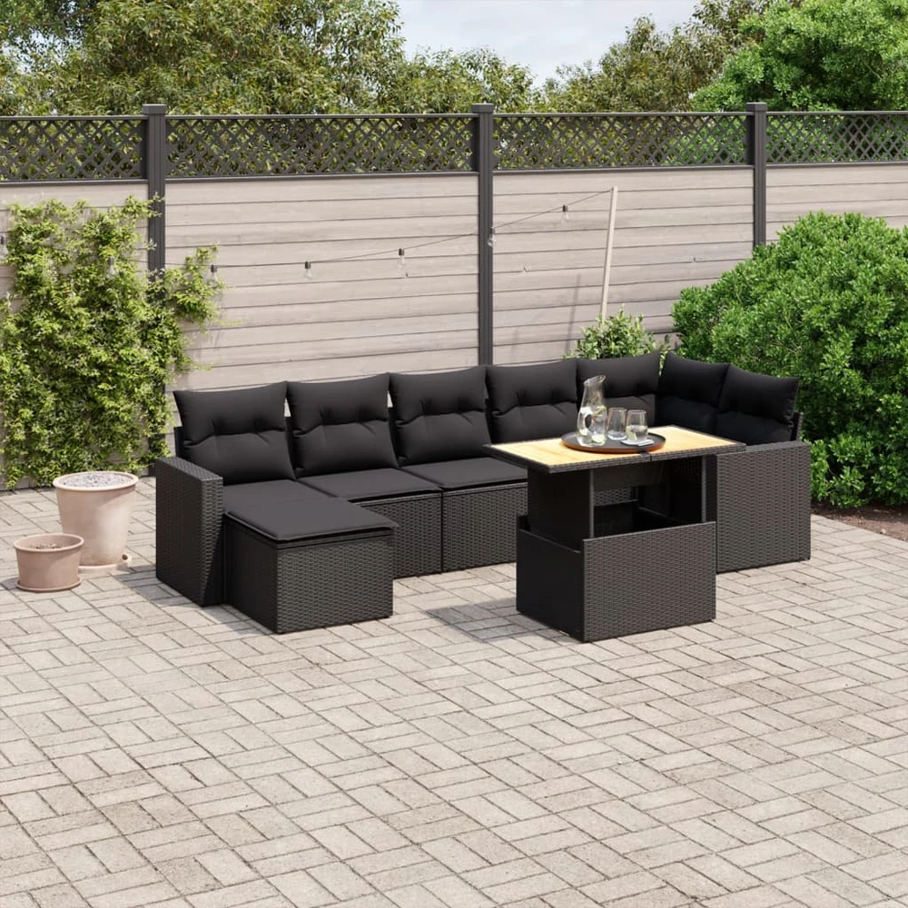 Lauko baldų komplektas Sofos komplektas su pagalvėlėmis, 8 dalių, juodas, poliratanas
