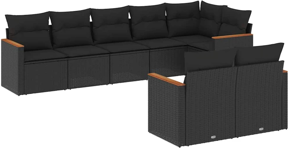 Lauko baldų komplektas Sofos komplektas su pagalvėlėmis, 8 dalių, juodas, poliratanas