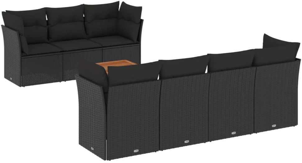 Lauko baldų komplektas Sofos komplektas su pagalvėlėmis, 8 dalių, juodas, poliratanas