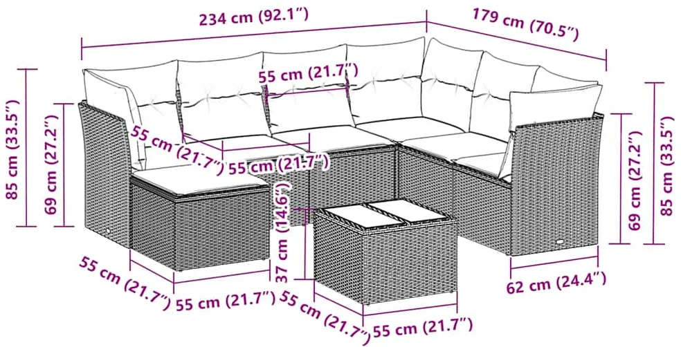Lauko baldų komplektas Sofos komplektas su pagalvėlėmis, 8 dalių, juodas, poliratanas