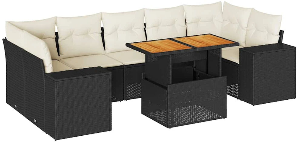 Sofa Sofos komplektas su pagalvėlėmis, 8 dalių, juodas, poliratanas