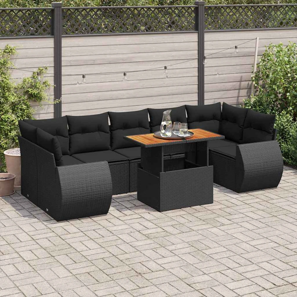 Sofa Sofos komplektas su pagalvėlėmis, 8 dalių, juodas, poliratanas