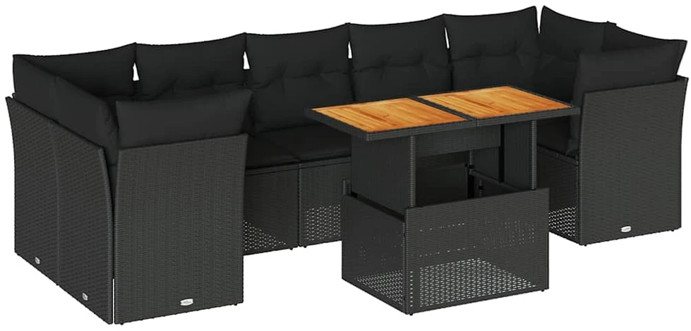 Sofa Sofos komplektas su pagalvėlėmis, 8 dalių, juodas, poliratanas