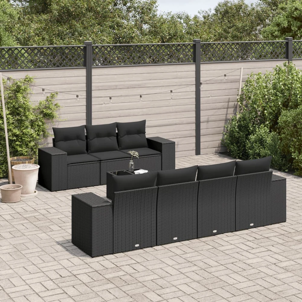 Sofa Sofos komplektas su pagalvėlėmis, 8 dalių, juodas, poliratanas