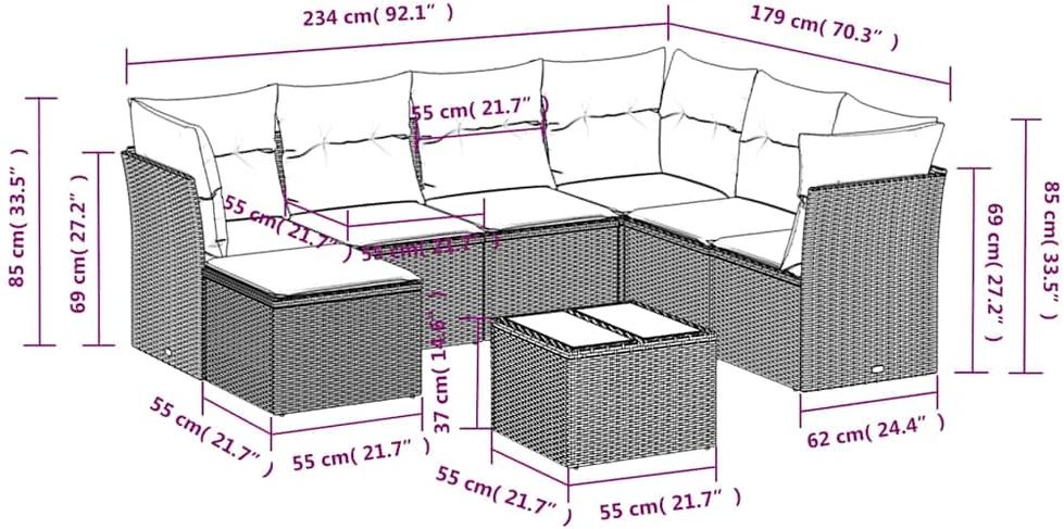 Lauko baldų komplektas Sofos komplektas su pagalvėlėmis, 8 dalių, juodas, poliratanas