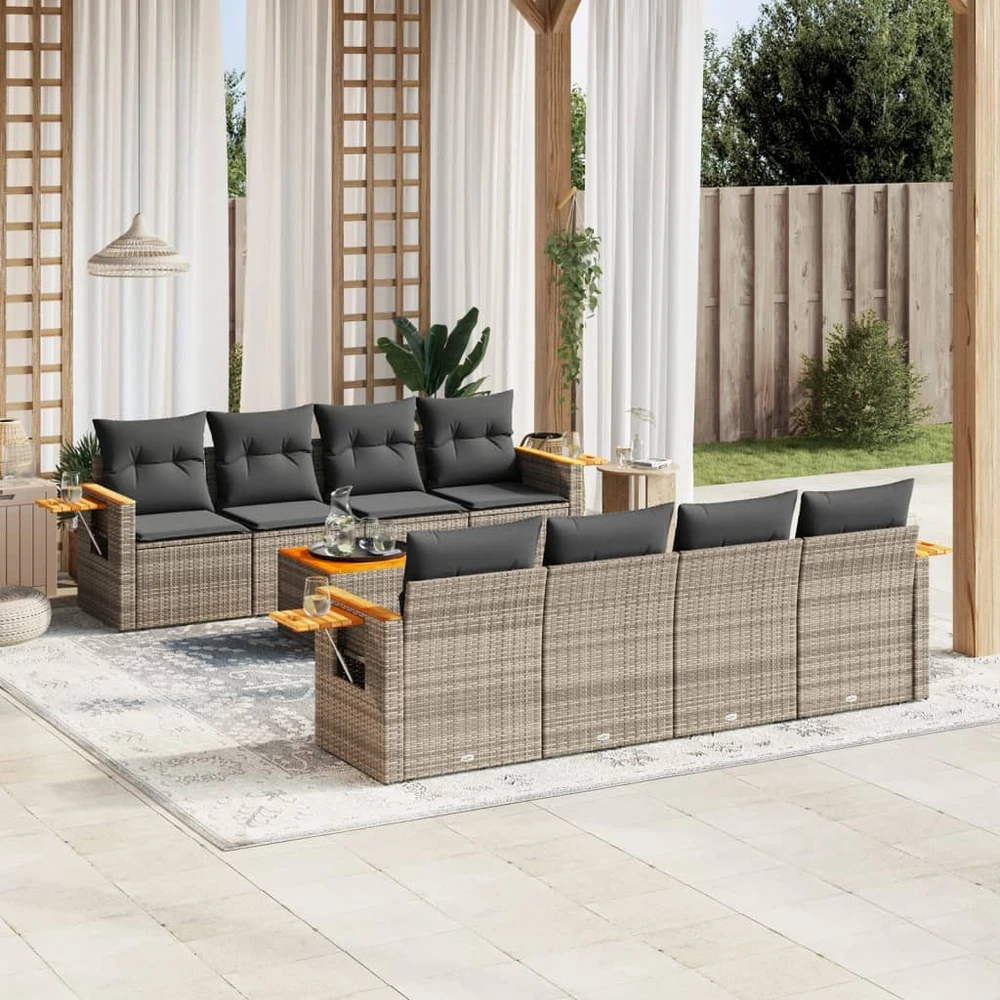 Lauko baldų komplektas Sofos komplektas su pagalvėlėmis, 9 dalių, pilkas, poliratanas