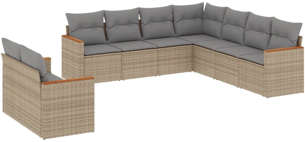 Lauko baldų komplektas Sofos komplektas su pagalvėlėmis, 9 dalių, smėlio, poliratanas