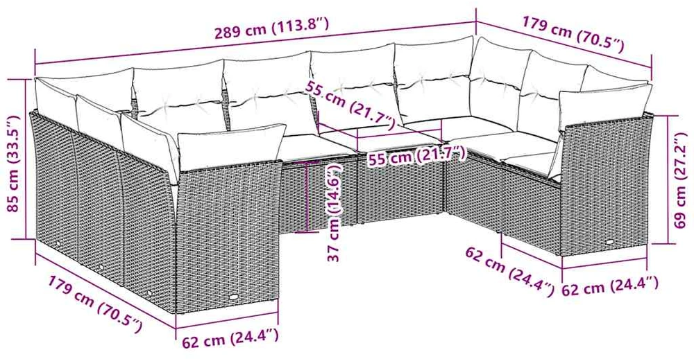 Sofa Sofos komplektas su pagalvėlėmis, 9 dalių, pilkas, poliratanas