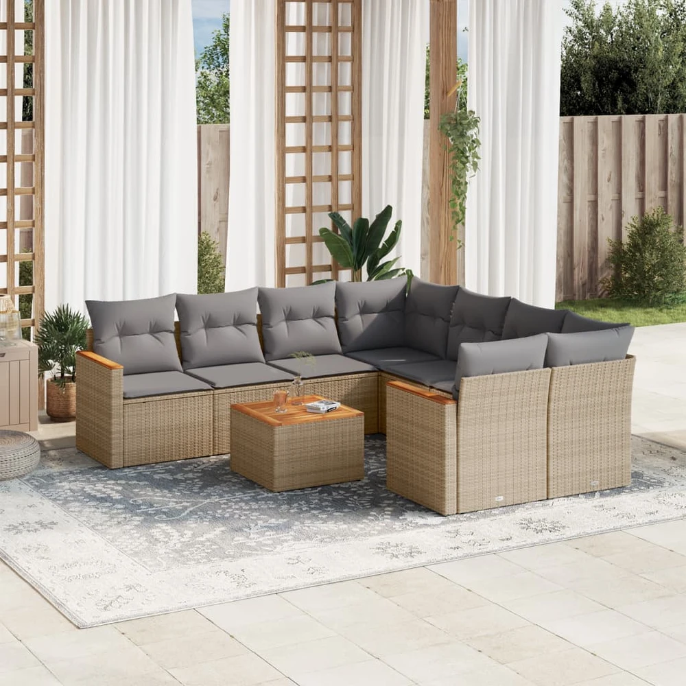 Sofa Sofos komplektas su pagalvėlėmis, 9 dalių, smėlio, poliratanas