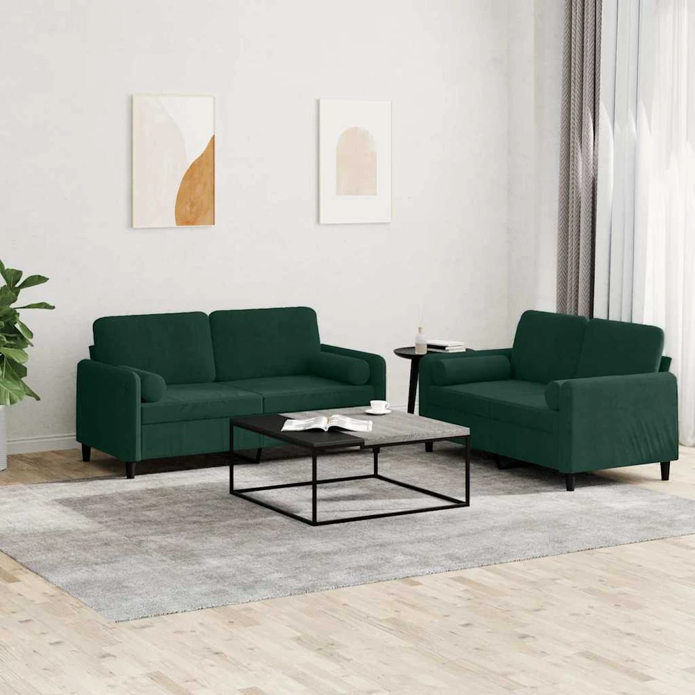 Sofa Sofos komplektas su pagalvėmis, 2 dalių, žalias, aksomas