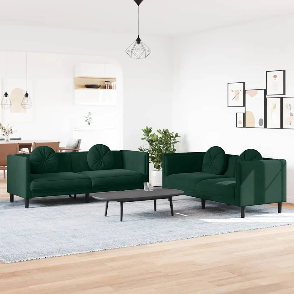 Sofa Sofos komplektas su pagalvėmis, 2 dalių, žalias, aksomas