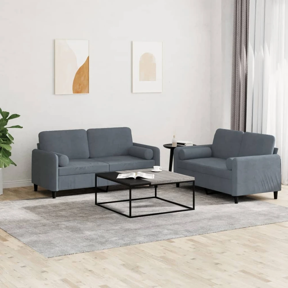 Sofa Sofos komplektas su pagalvėmis, 2 dalių, pilkas, aksomas
