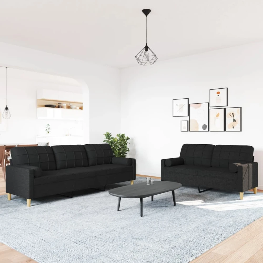 Sofa Sofos komplektas su pagalvėmis, 2 dalių, juodas, audinys