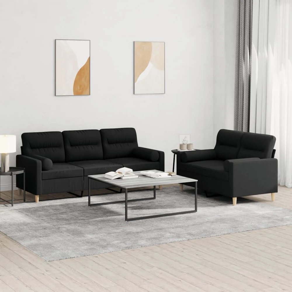 Sofa Sofos komplektas su pagalvėmis, 2 dalių, juodas, audinys
