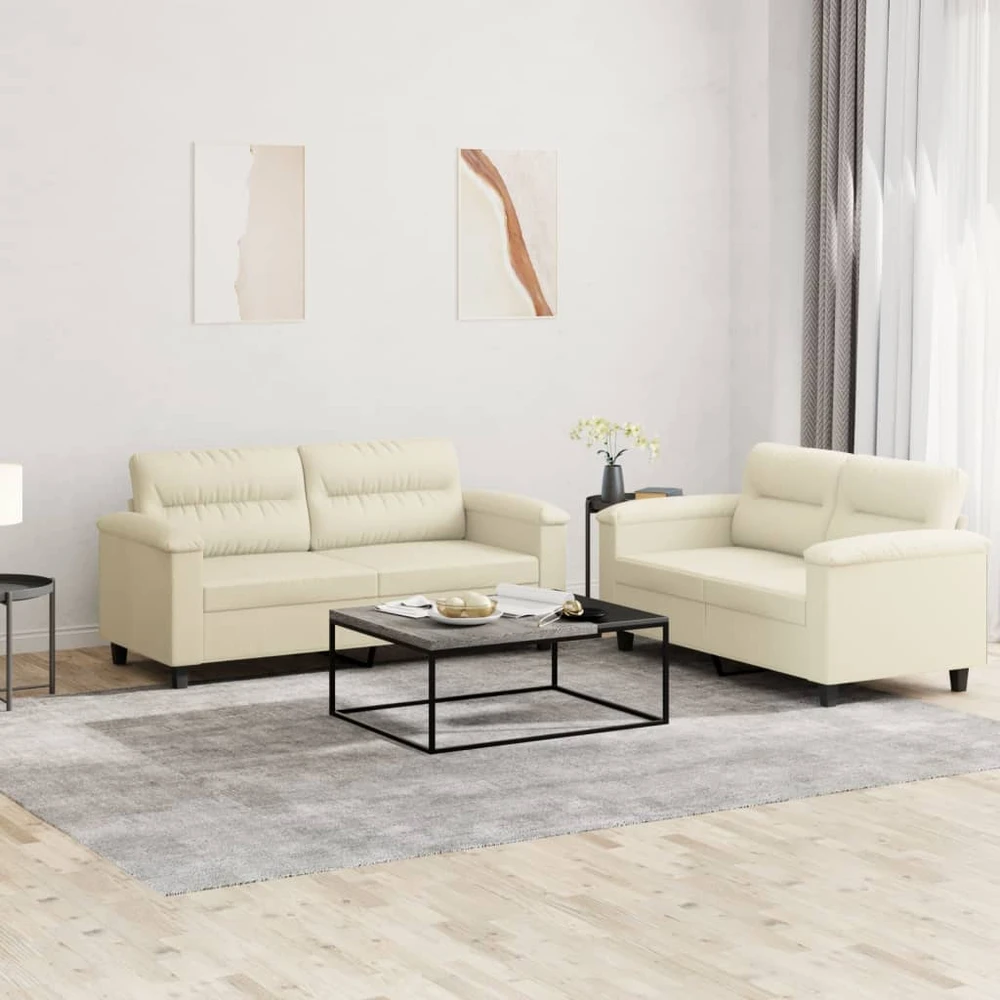 Sofa Sofos komplektas su pagalvėmis, 2 dalių, kreminis, dirbtinė oda