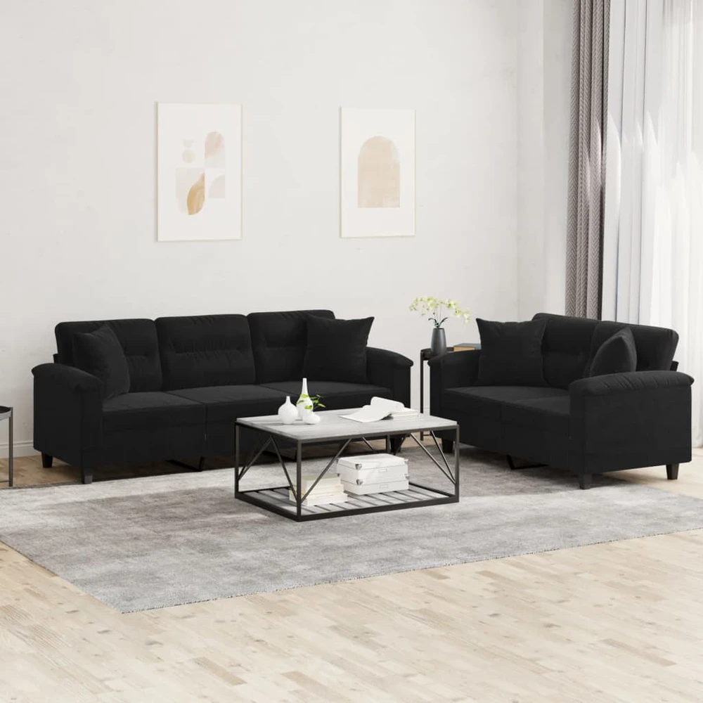 Sofa Sofos komplektas su pagalvėmis, 2 dalių, juodas, audinys
