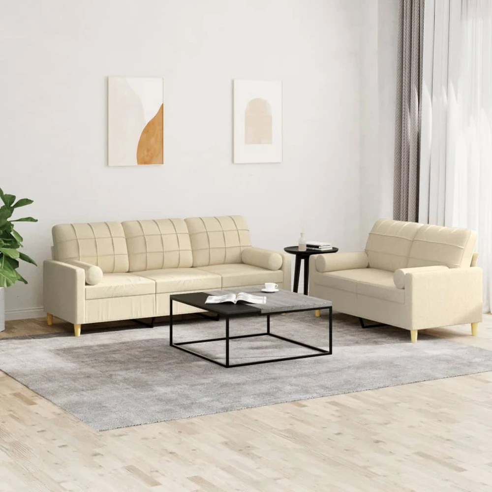 Sofa Sofos komplektas su pagalvėmis, 2 dalių, kreminis, audinys
