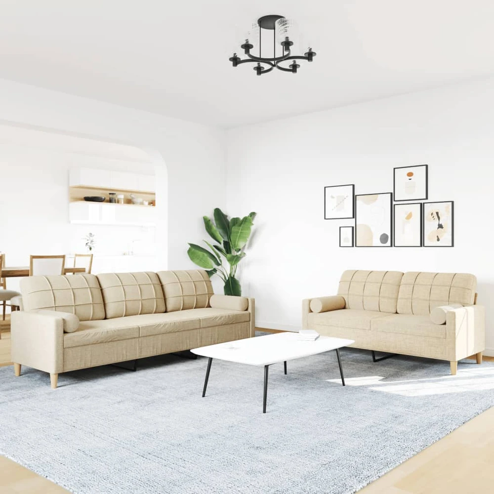Sofa Sofos komplektas su pagalvėmis, 2 dalių, kreminis, audinys