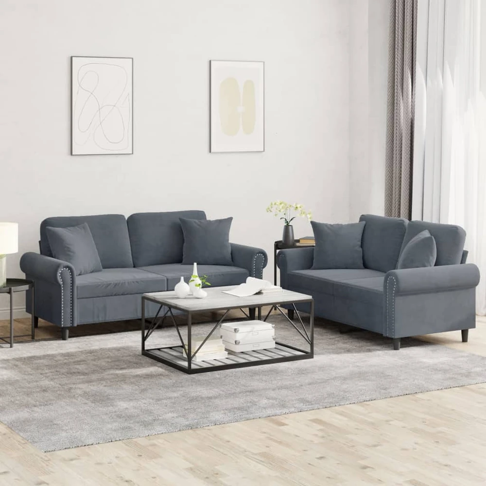 Sofa Sofos komplektas su pagalvėmis, 2 dalių, pilkas, aksomas