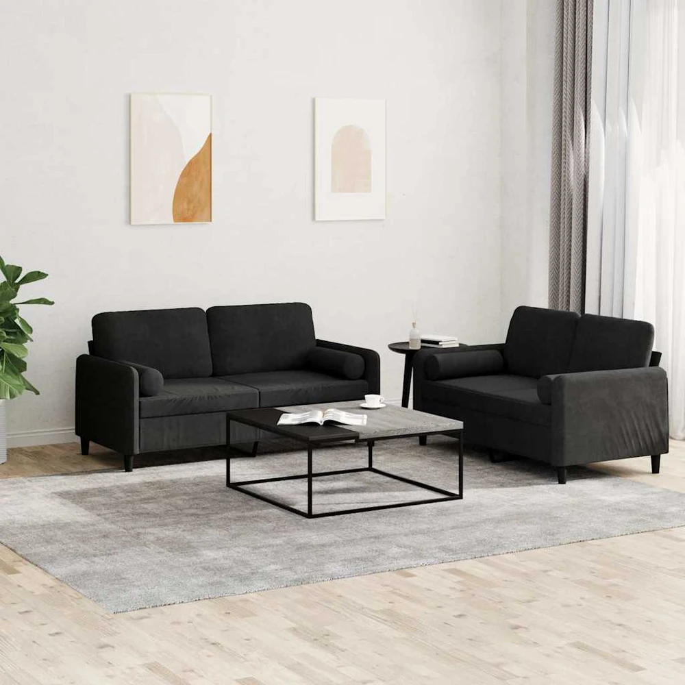 Sofa Sofos komplektas su pagalvėmis, 2 dalių, juodas, aksomas