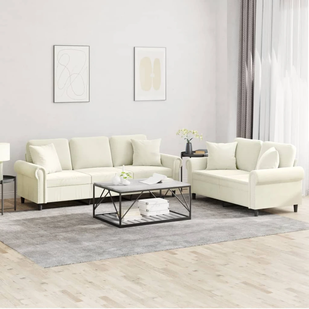 Sofa Sofos komplektas su pagalvėmis, 2 dalių, kreminis, aksomas