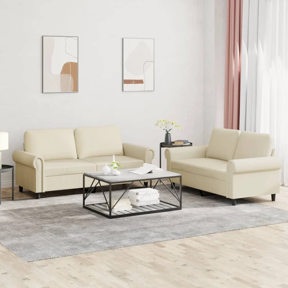 Sofa Sofos komplektas su pagalvėmis, 2 dalių, kreminis, dirbtinė oda