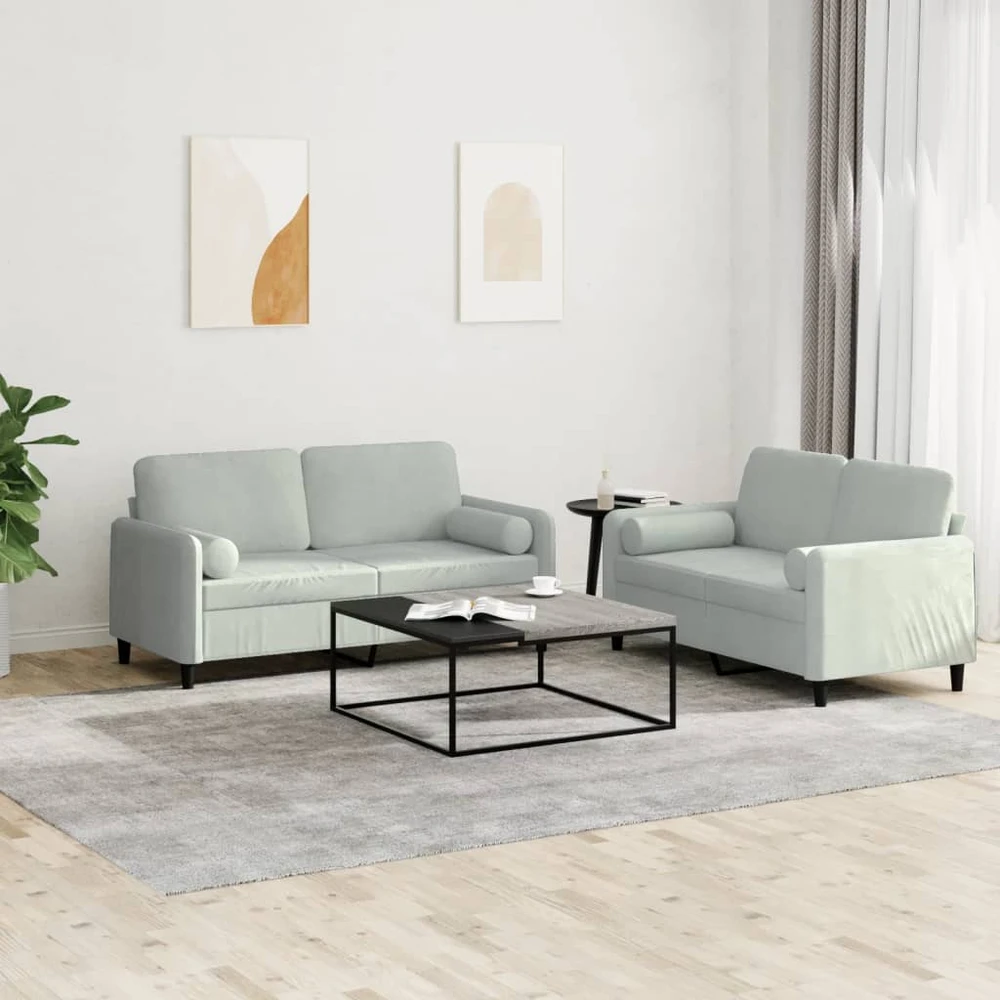 Sofa Sofos komplektas su pagalvėmis, 2 dalių, pilkas, aksomas