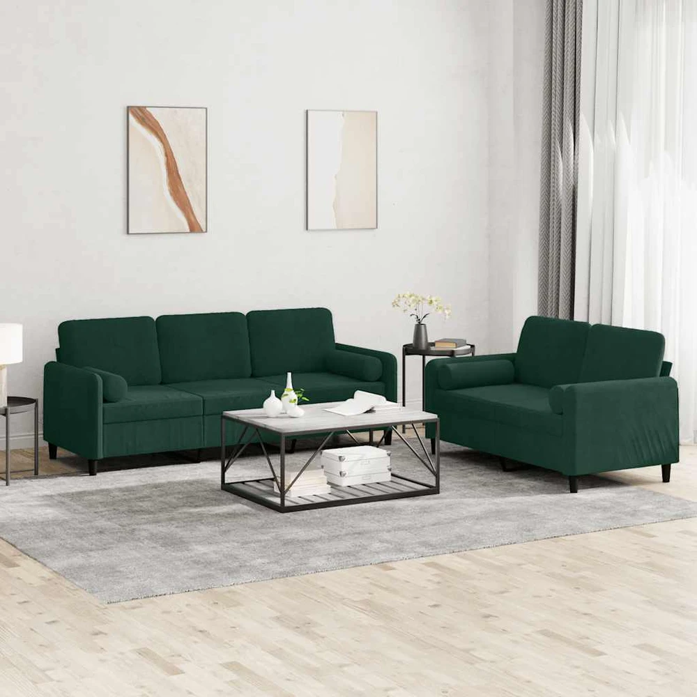 Sofa Sofos komplektas su pagalvėmis, 2 dalių, žalias, aksomas