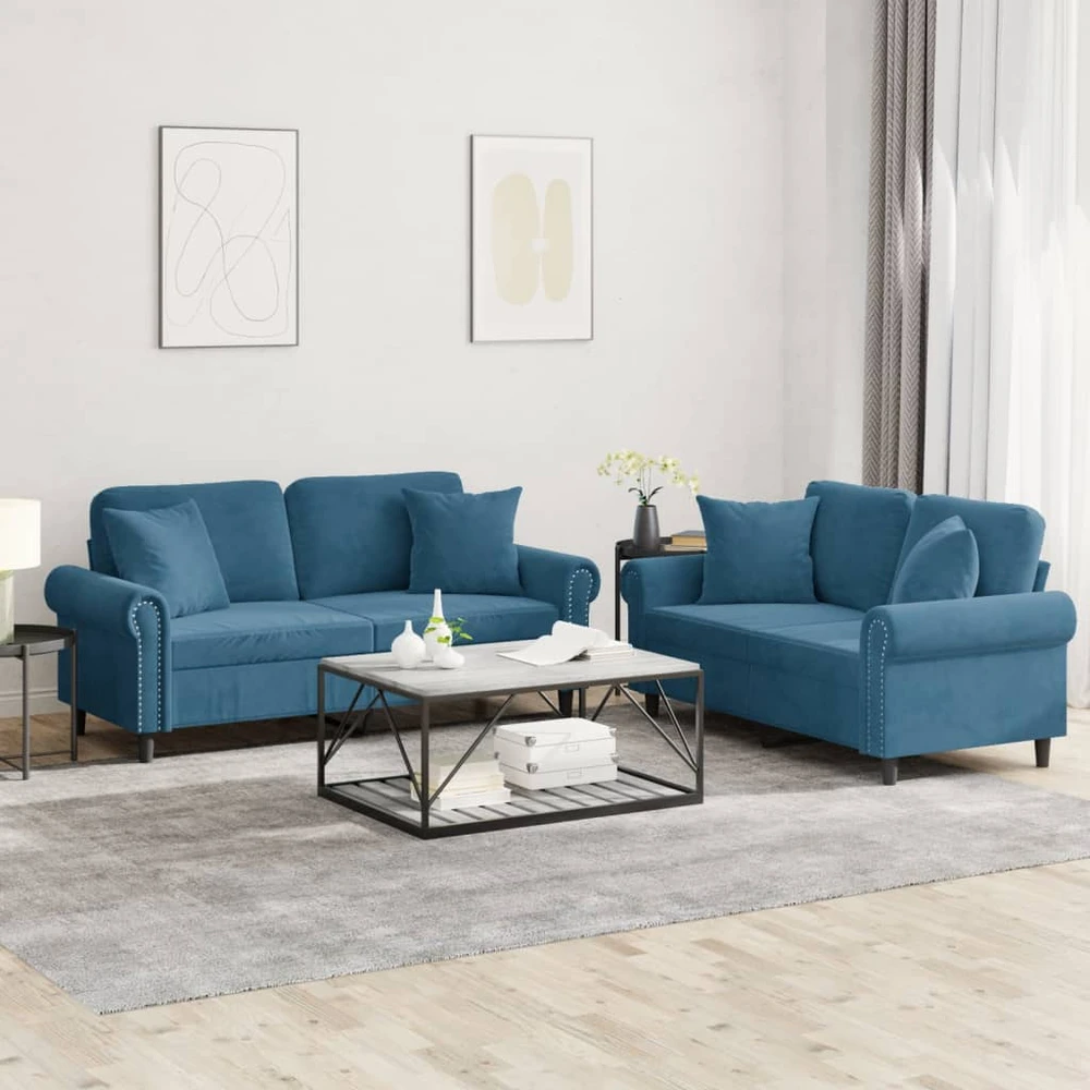 Sofa Sofos komplektas su pagalvėmis, 2 dalių, mėlynas, aksomas
