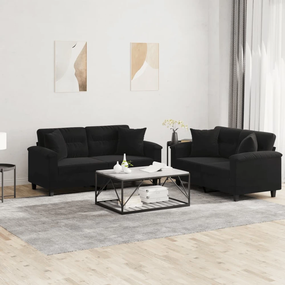 Sofa Sofos komplektas su pagalvėmis, 2 dalių, juodas, audinys