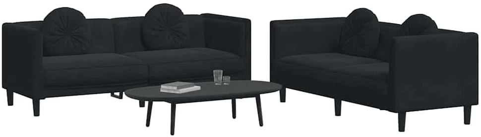 Sofa Sofos komplektas su pagalvėmis, 2 dalių, juodas, aksomas