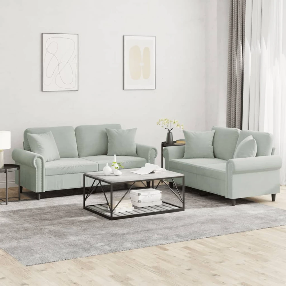 Sofa Sofos komplektas su pagalvėmis, 2 dalių, pilkas, aksomas