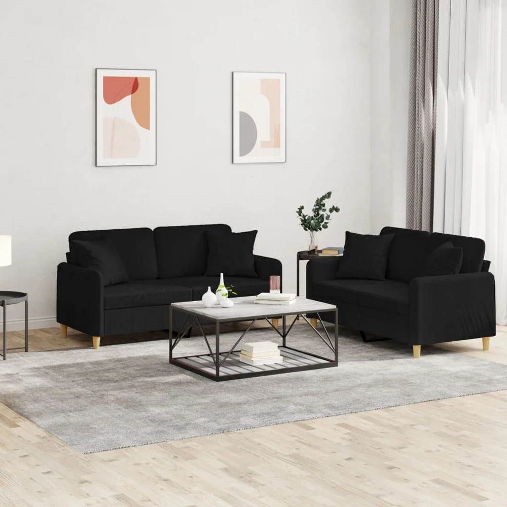 Sofa Sofos komplektas su pagalvėmis, 2 dalių, juodas, audinys