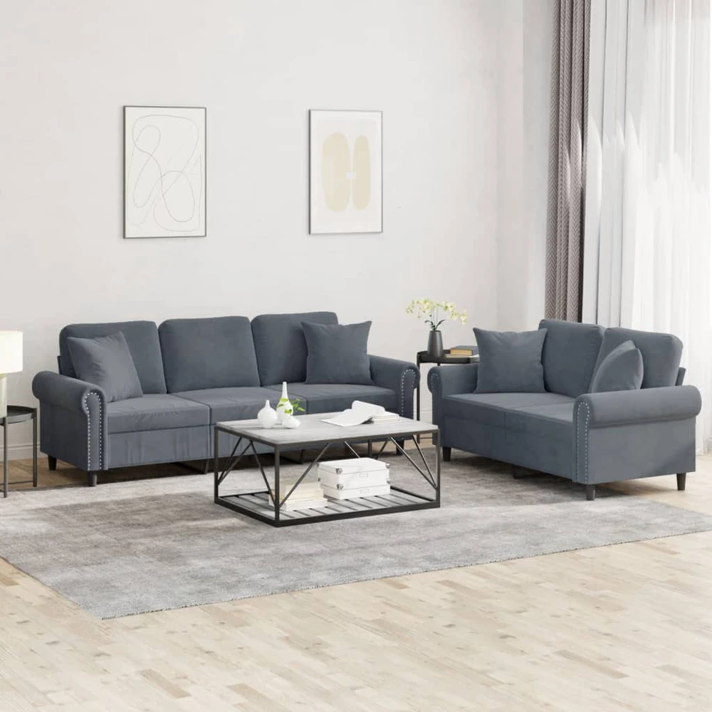 Sofa Sofos komplektas su pagalvėmis, 2 dalių, pilkas, aksomas