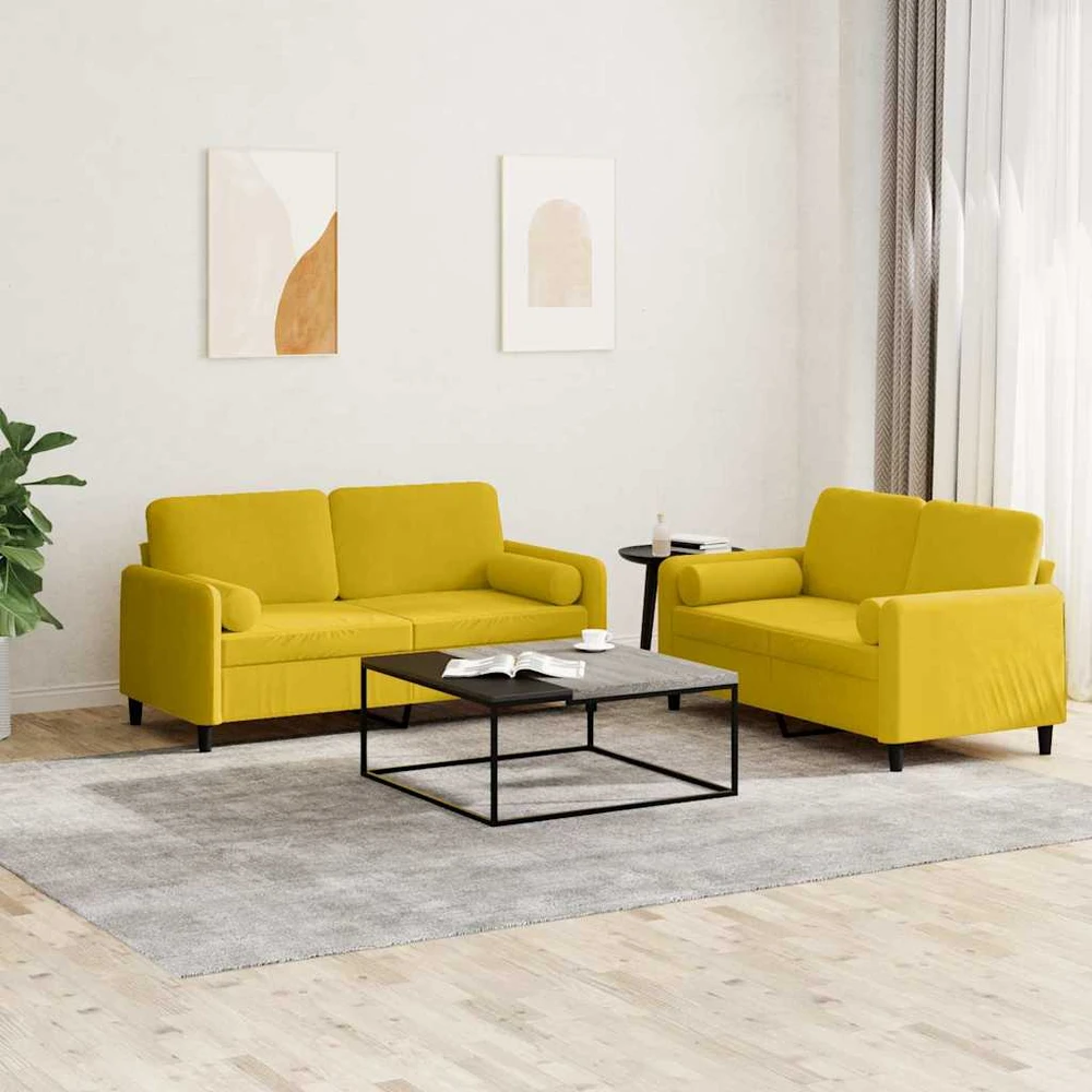 Sofa Sofos komplektas su pagalvėmis, 2 dalių, geltonas, aksomas