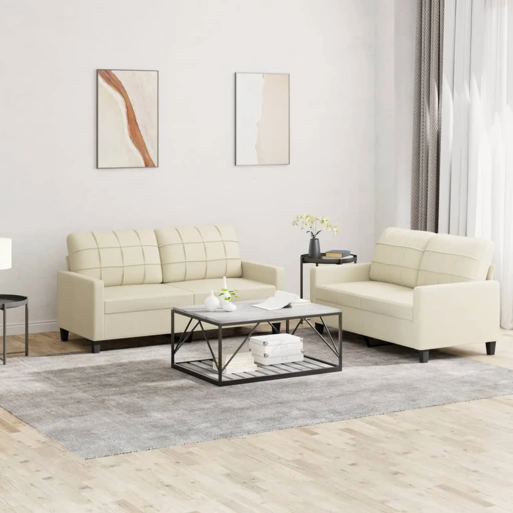 Sofa Sofos komplektas su pagalvėmis, 2 dalių, kreminis, dirbtinė oda