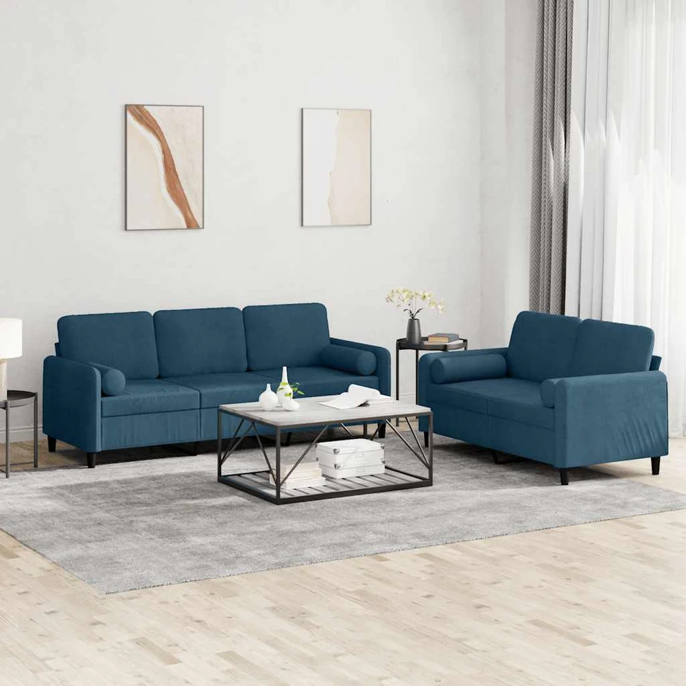 Sofa Sofos komplektas su pagalvėmis, 2 dalių, mėlynas, aksomas