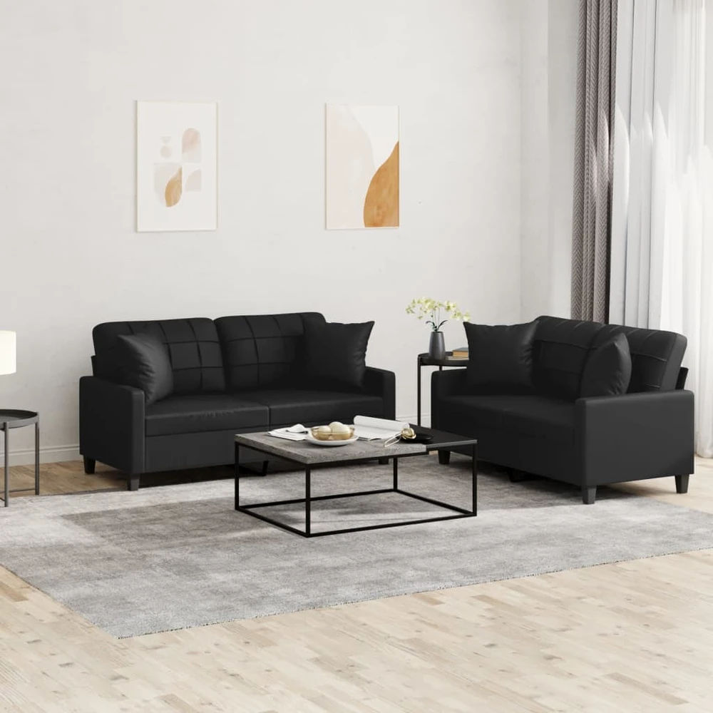Sofa Sofos komplektas su pagalvėmis, 2 dalių, juodas, dirbtinė oda