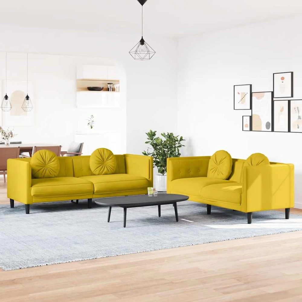 Sofa Sofos komplektas su pagalvėmis, 2 dalių, geltonas, aksomas