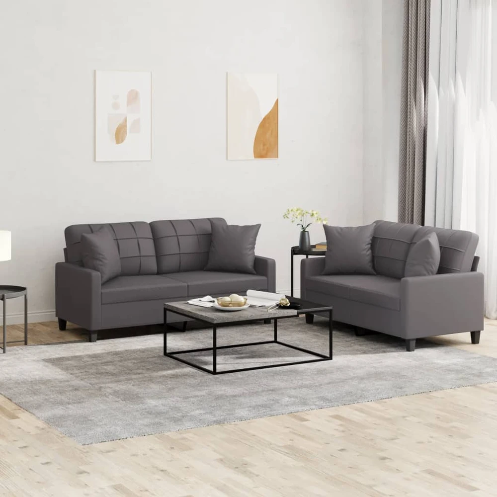 Sofa Sofos komplektas su pagalvėmis, 2 dalių, pilkas, dirbtinė oda