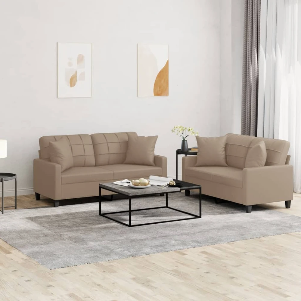 Sofa Sofos komplektas su pagalvėmis, 2 dalių, kapučino, dirbtinė oda