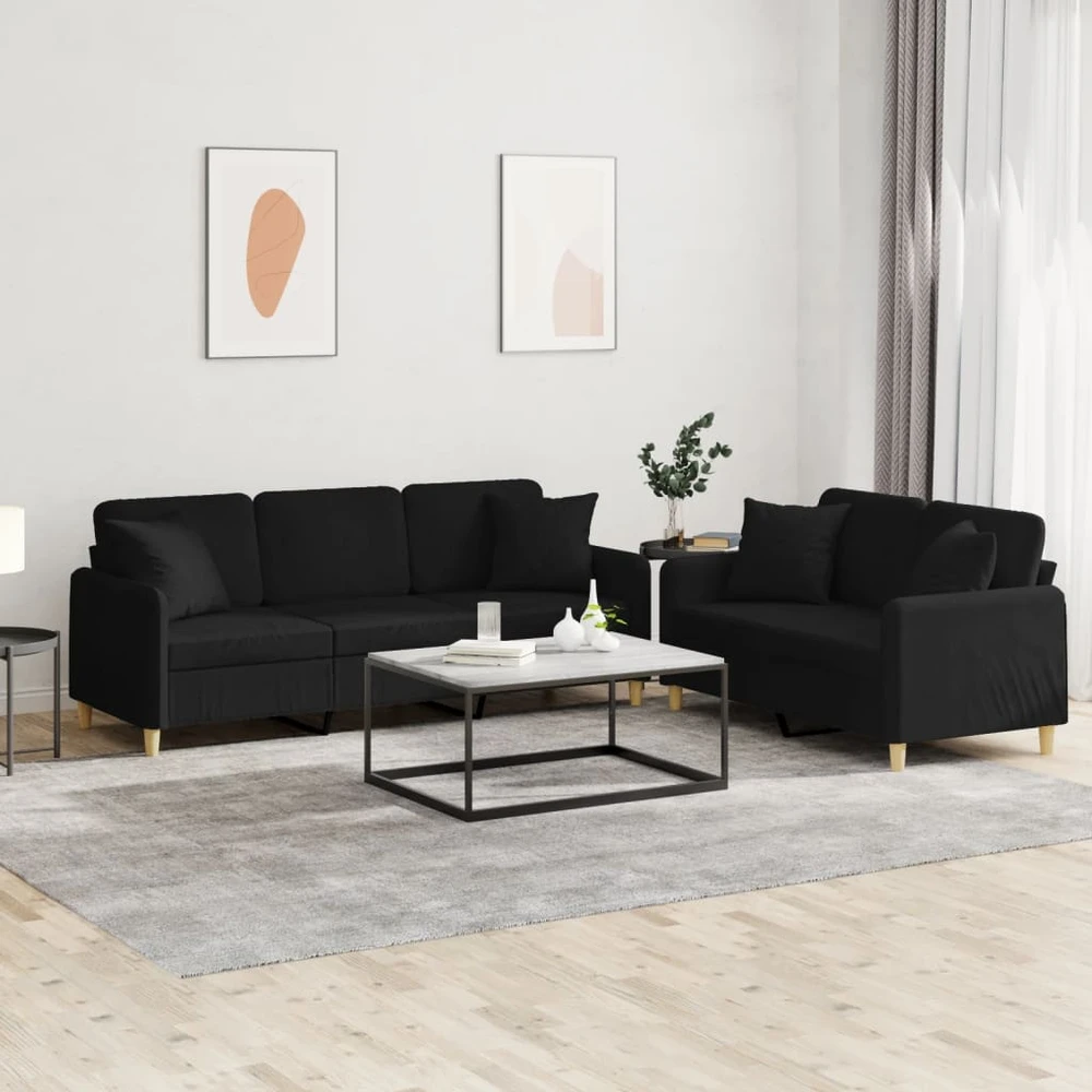 Sofa Sofos komplektas su pagalvėmis, 2 dalių, juodas, audinys