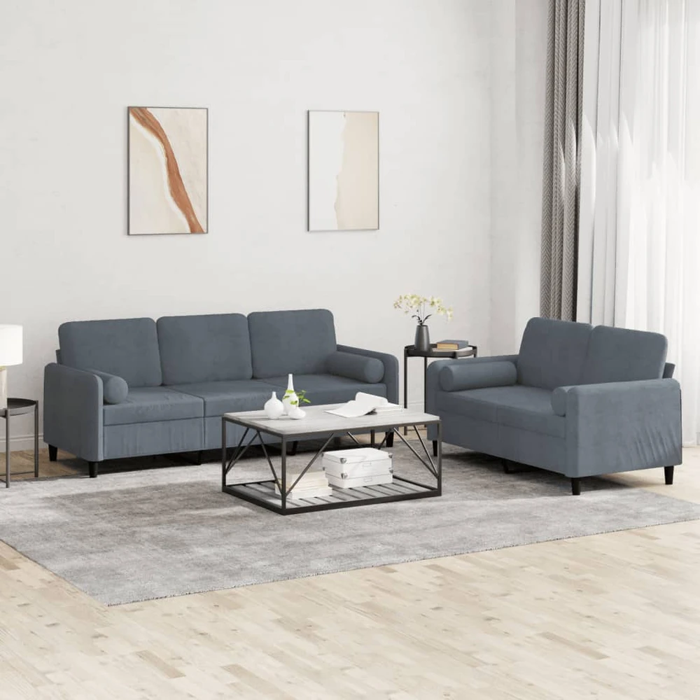 Sofa Sofos komplektas su pagalvėmis, 2 dalių, pilkas, aksomas
