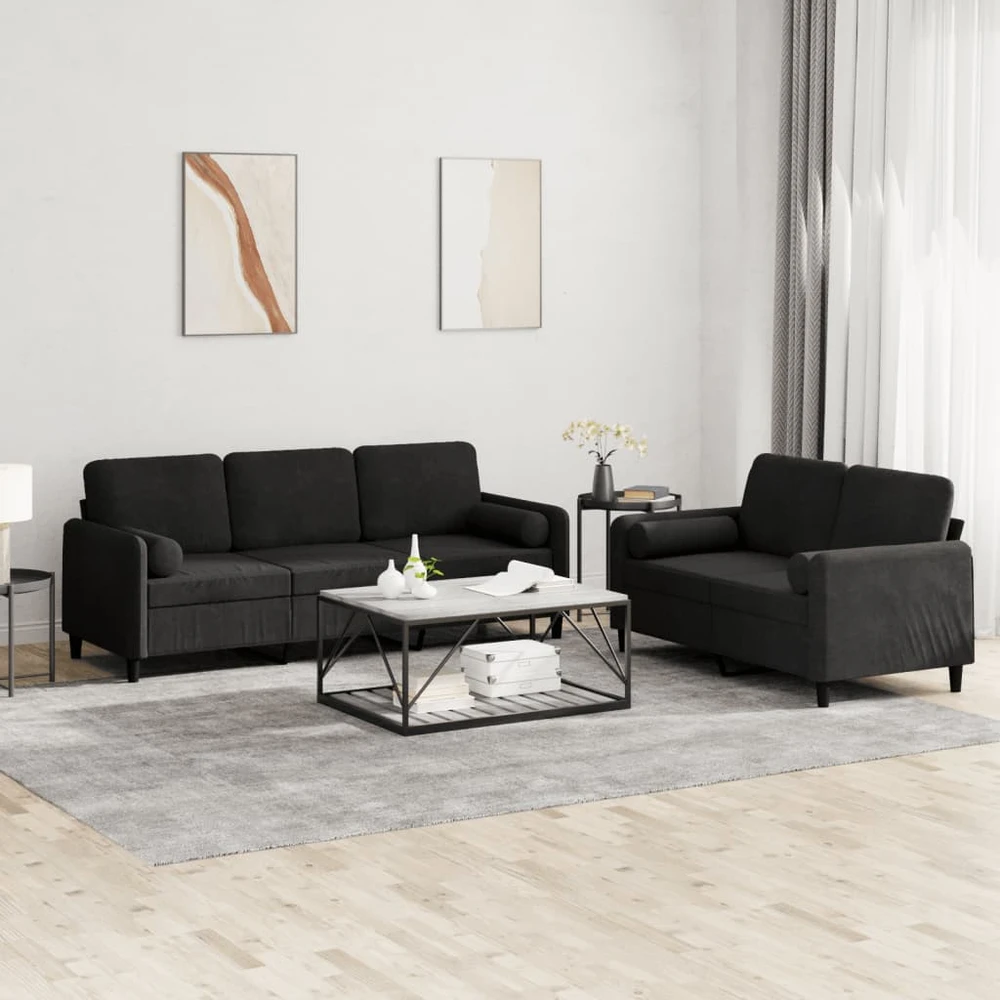 Sofa Sofos komplektas su pagalvėmis, 2 dalių, juodas, aksomas
