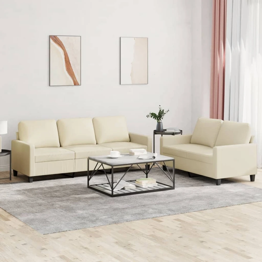 Sofa Sofos komplektas su pagalvėmis, 2 dalių, kreminis, dirbtinė oda