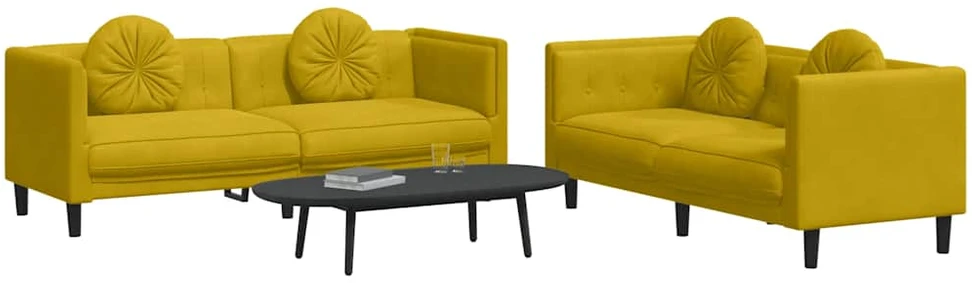 Sofa Sofos komplektas su pagalvėmis, 2 dalių, geltonas, aksomas