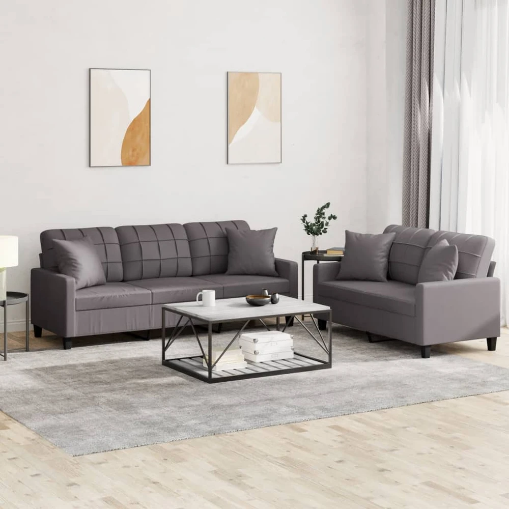 Sofa Sofos komplektas su pagalvėmis, 2 dalių, pilkas, dirbtinė oda