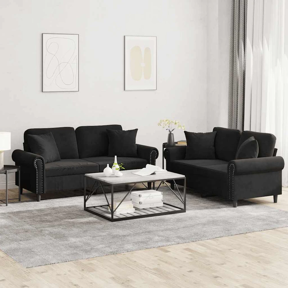 Sofa Sofos komplektas su pagalvėmis, 2 dalių, juodas, aksomas