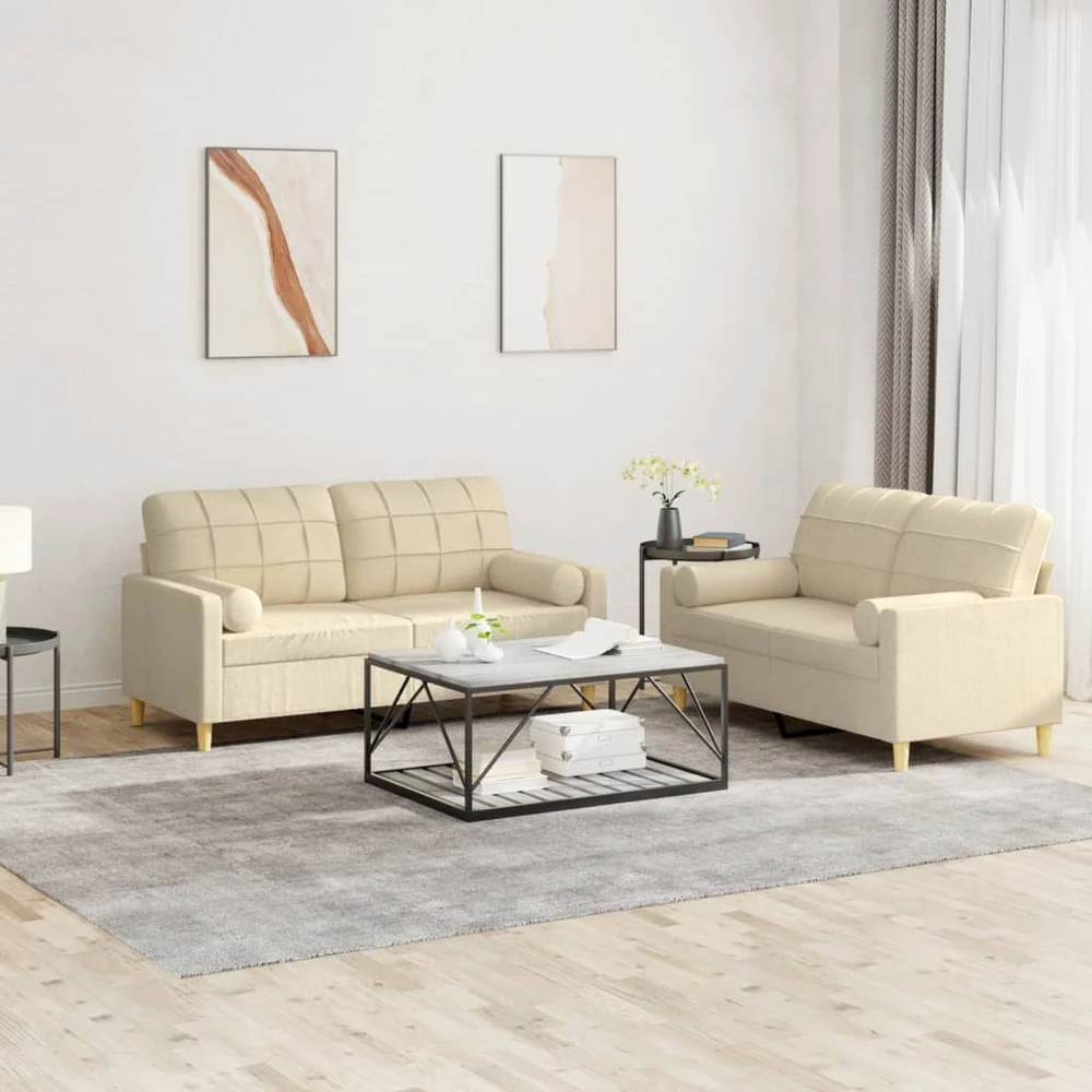 Sofa Sofos komplektas su pagalvėmis, 2 dalių, kreminis, audinys
